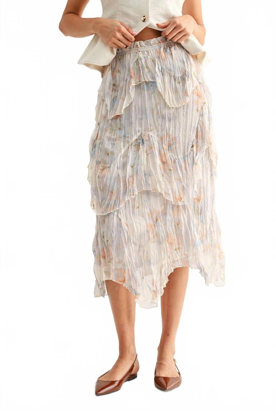 NEW CAMELLIA layered midi skirt with watercolor floral print in white